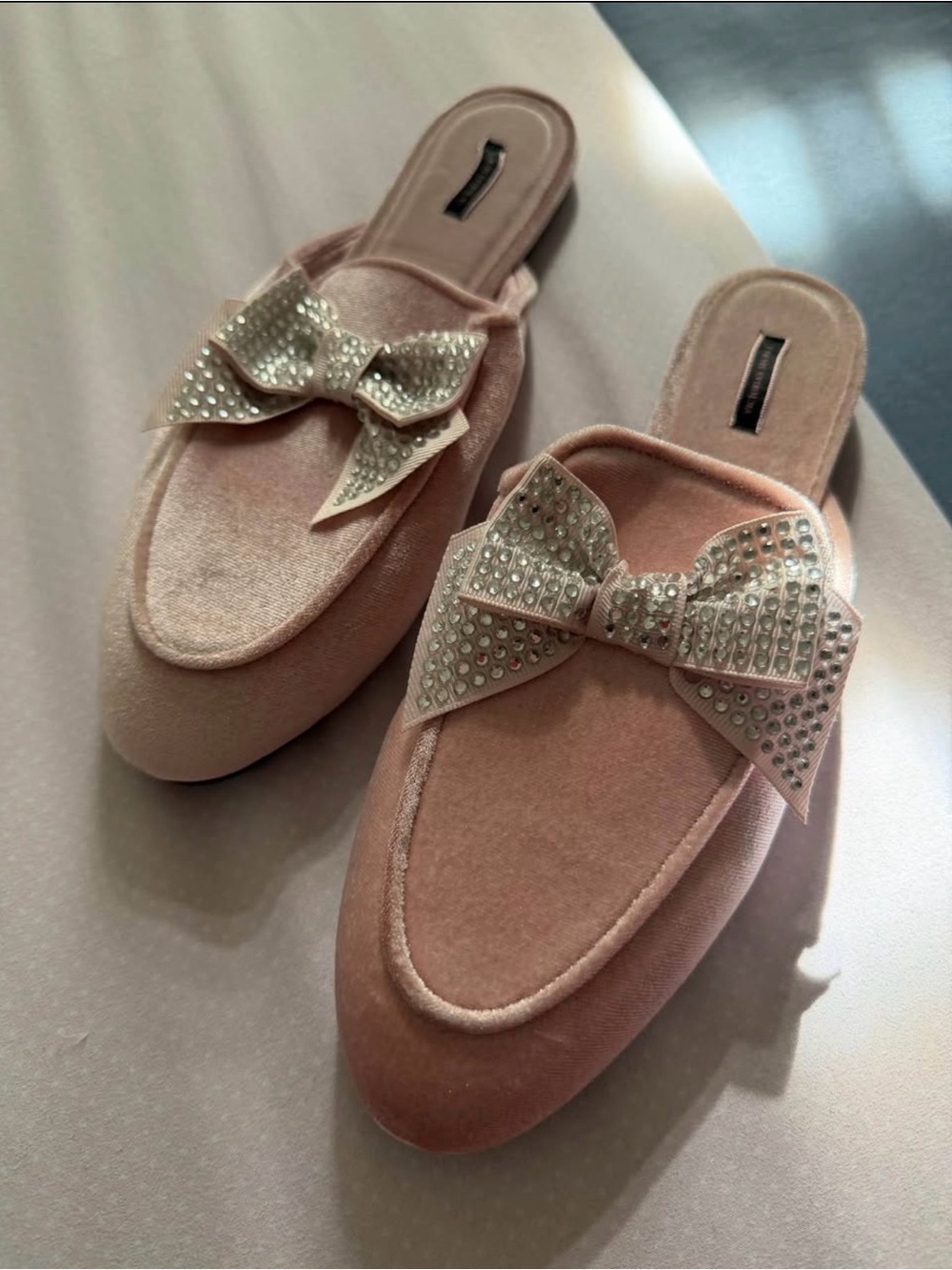Victoria's Secret Blush Pink Velvet Bow Slip-On Mules